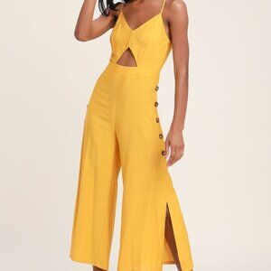 Lulus Imagine That Mustard Yellow Tie-back Cutout Culotte Jumpsuit - Size S